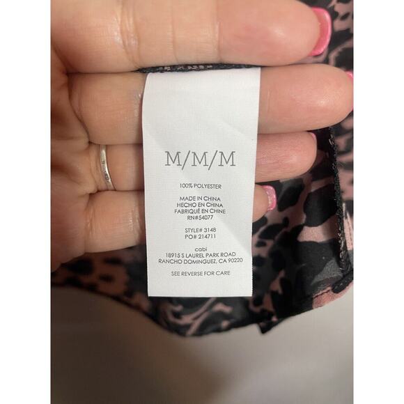 Cabi Pink Black Camo Neck Tie Long Sleeve Sheer Blouse Size Medium - Picture 6 of 10